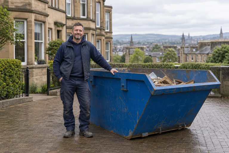 AI-generated illustration of a fictional skip-hire owner beside a small blue skip in a Glasgow-style setting; not a photograph of Ryan Crossan