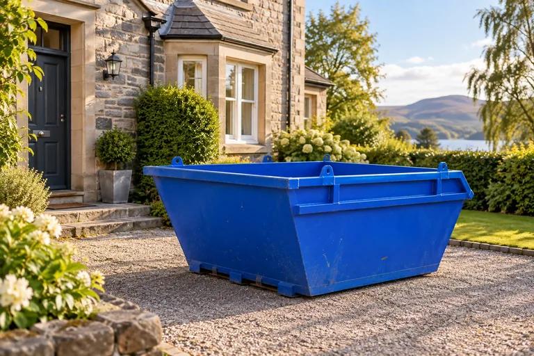 Illustrative blue skip beside a stone home, ready for a household project