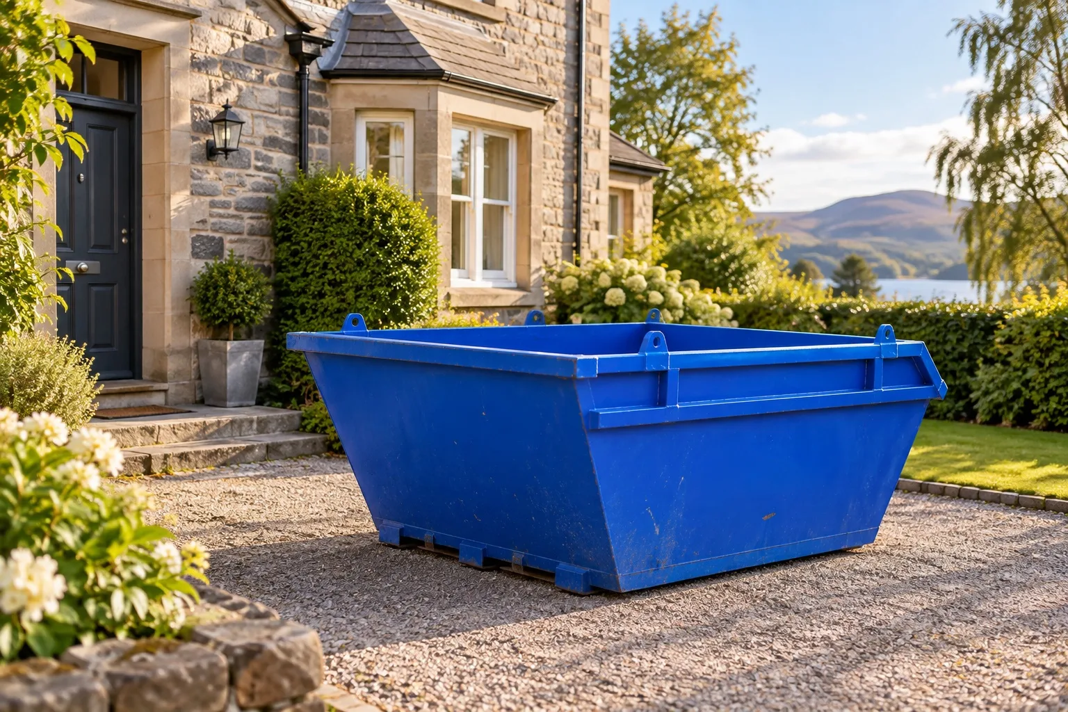 Illustrative blue skip beside a home; not a local customer project