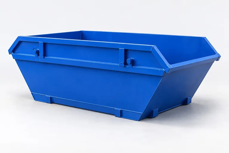 Illustrative blue open skip, shown from the side for choosing a size